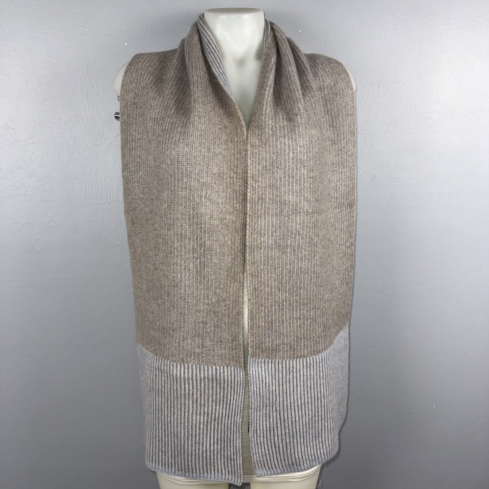 FORTE Cashmere Plaited Border Stripe Cashmere Scarf Light Brown & Pale Blue Soft